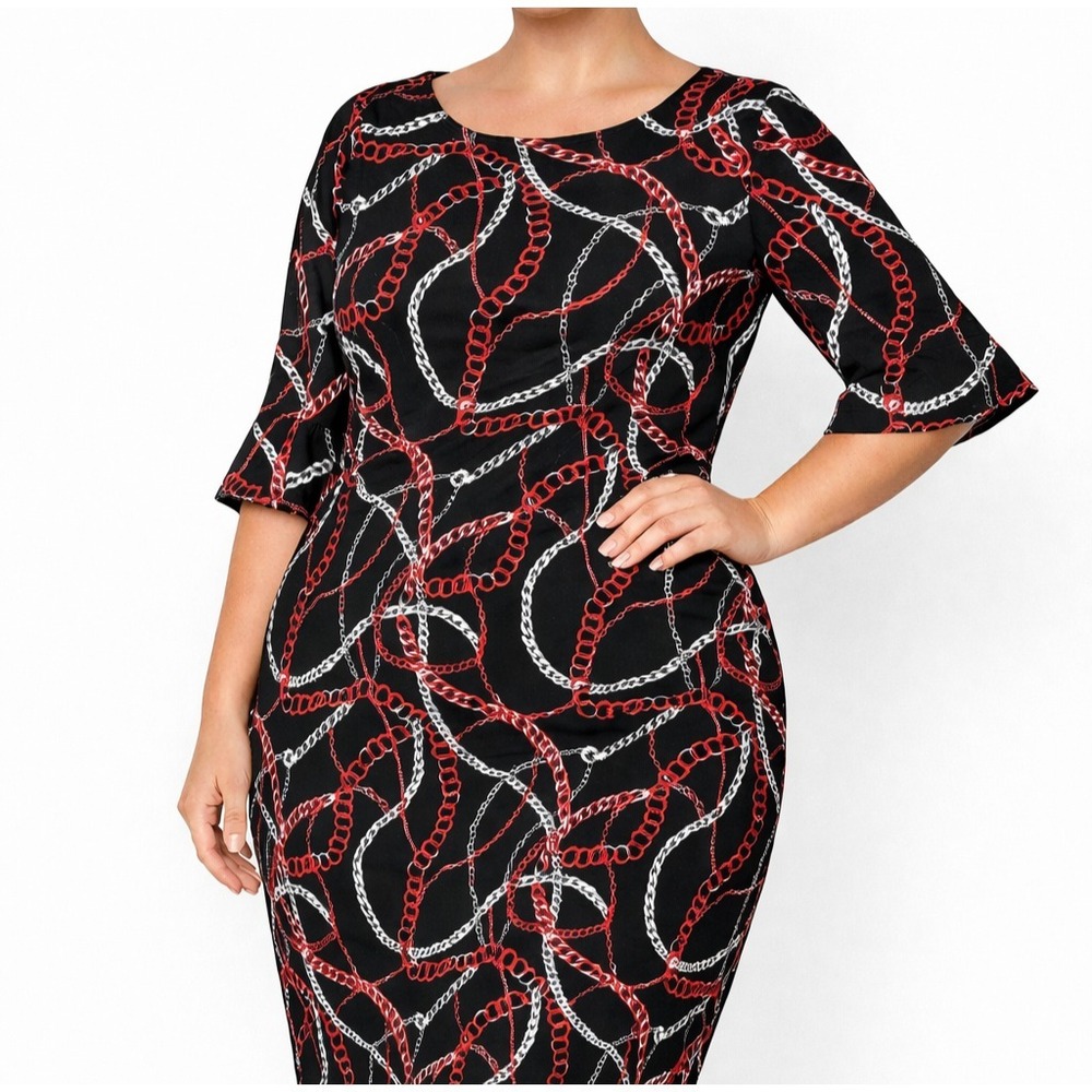 NWT Nine West Equestrian Chain Print Dress Black Sheath Size 16 XL Bold Office